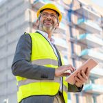 Construction site manager in hi-vis and hard hat reviewing CDM Regulations 2015 compliance documents on a tablet