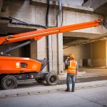 Operator carrying out a MEWP pre-use inspection on a boom lift before use on a construction site